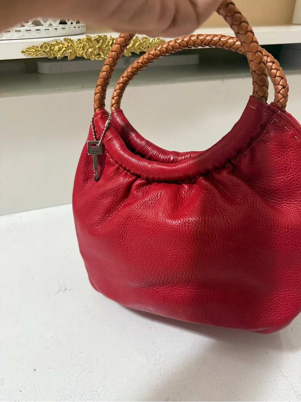 Fossil Red Leather Handbag with Braided Handles